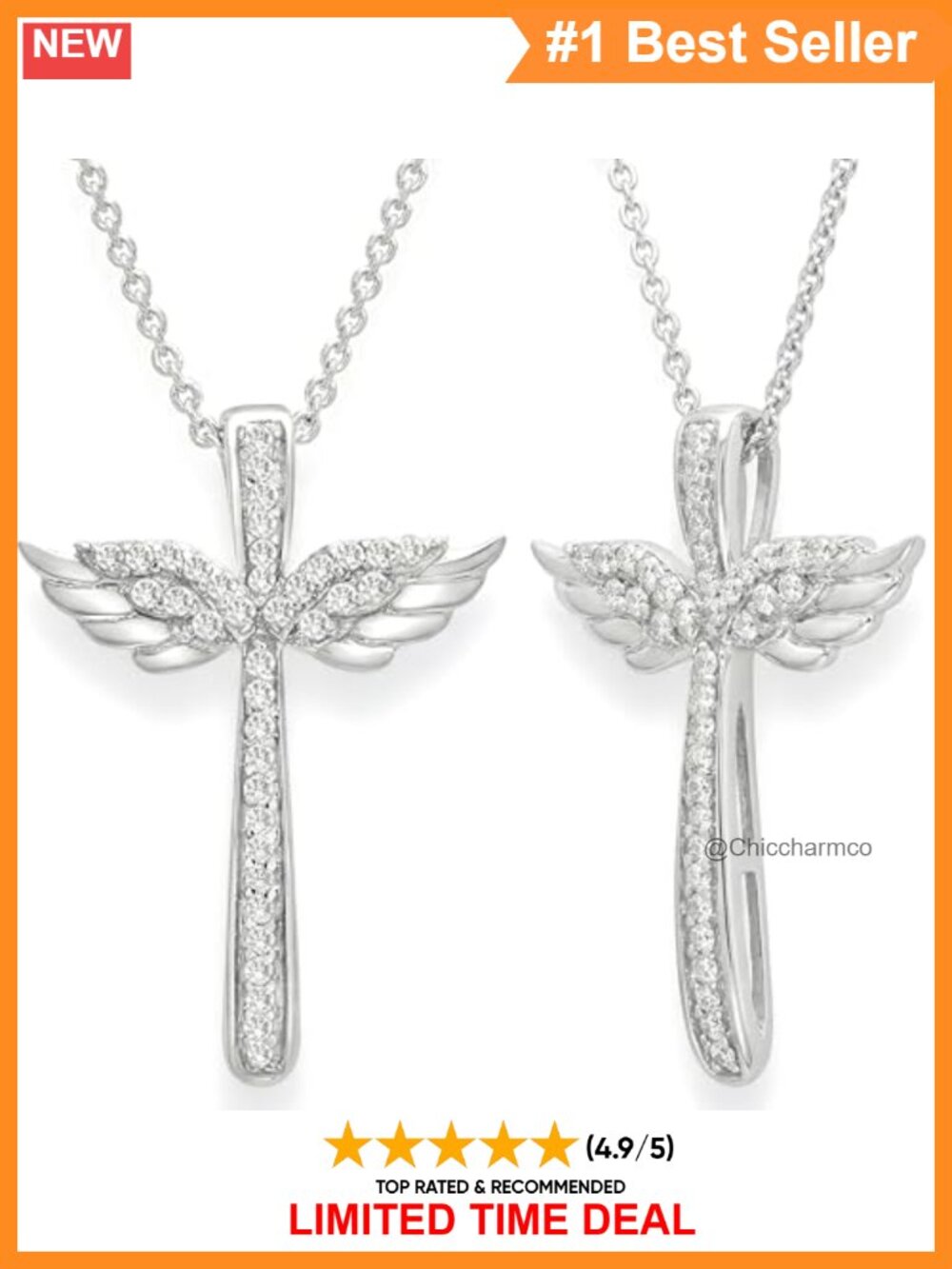 925 Sterling Silver Wing Cross Necklace 1/10 CTW Diamond 18" Chain